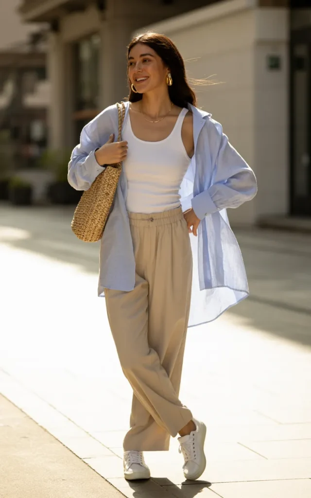 Transform a basic tank with a lightweight overshirt.