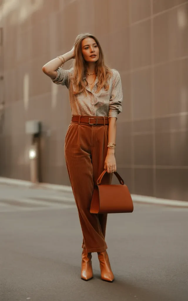 Tuck a Paisley Blouse Into Corduroy Pants