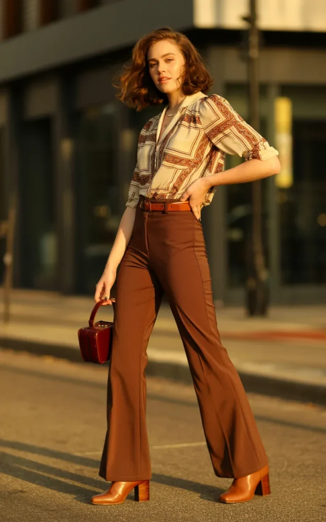 Wear a Printed Blouse With Flared Trousers